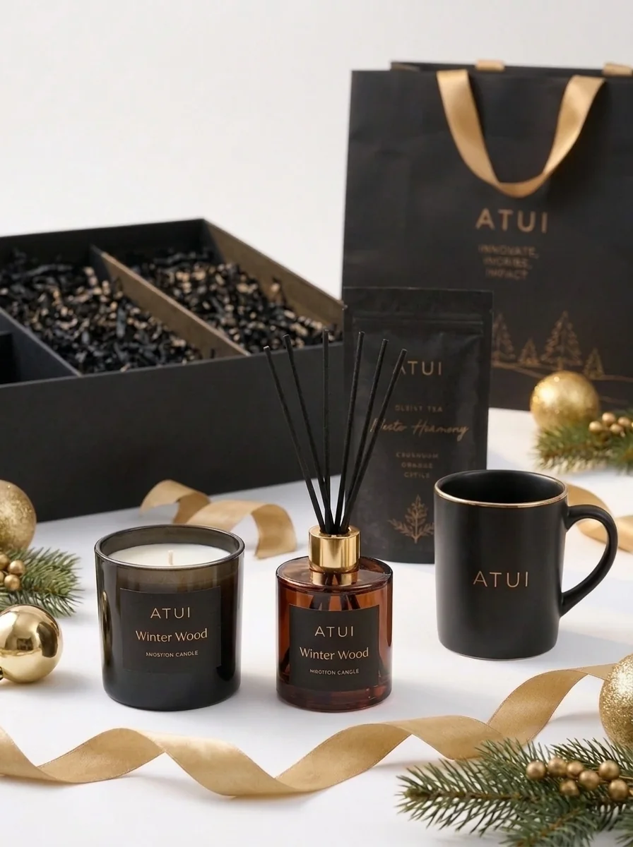 ATUI․ մուգ բաժակ, մոմ, բուրավետիչ և թեյ՝ ոսկեգույն շեշտադրումներով։