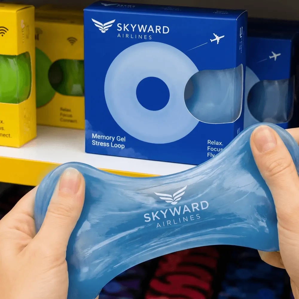 Гелевый антистресс для Skyward Airlines с фирменной упаковкой: Общий ритм комплекта и взаимное положение предметов.
