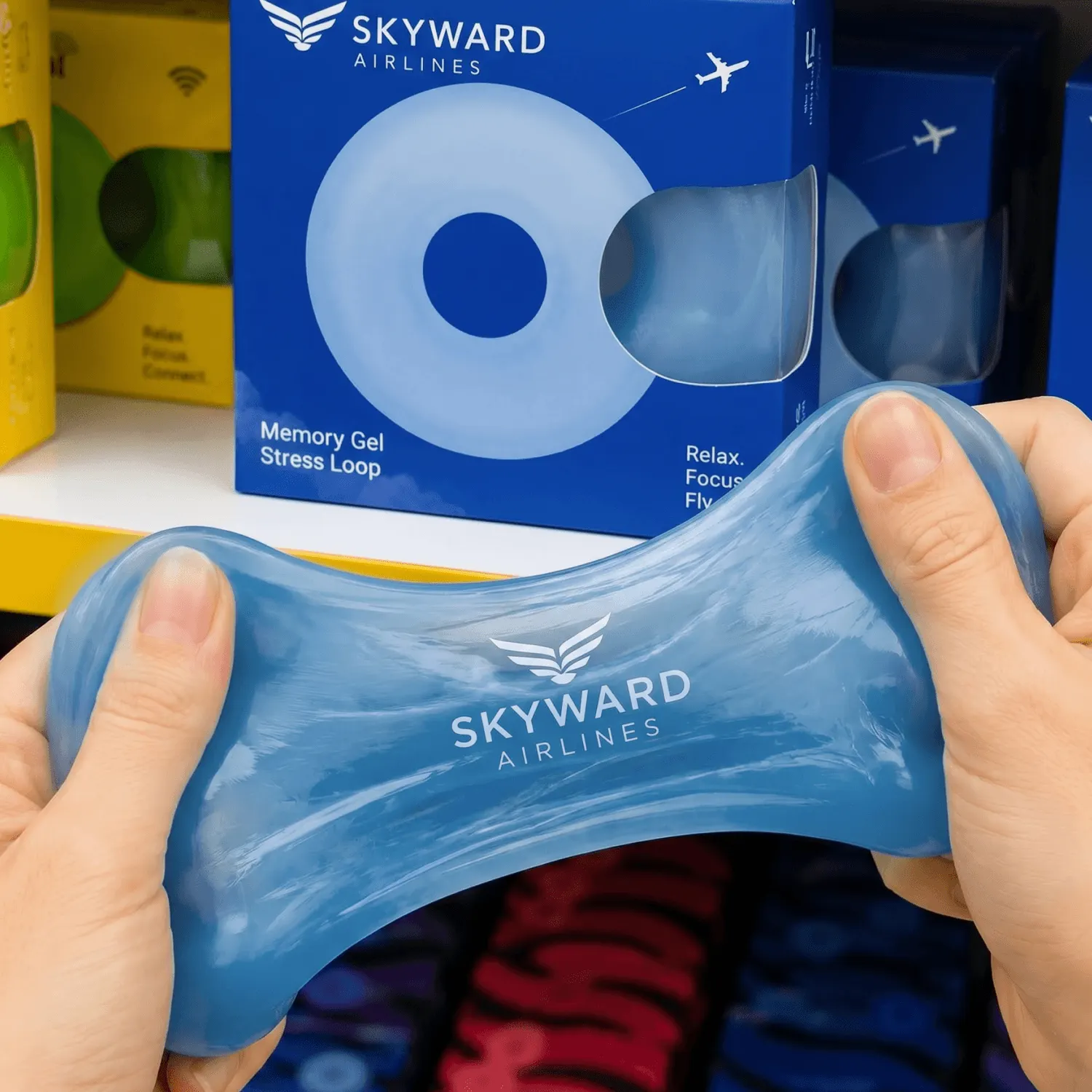Гелевый антистресс для Skyward Airlines с фирменной упаковкой: Деталь комплектации, упаковки или фирменной графики.