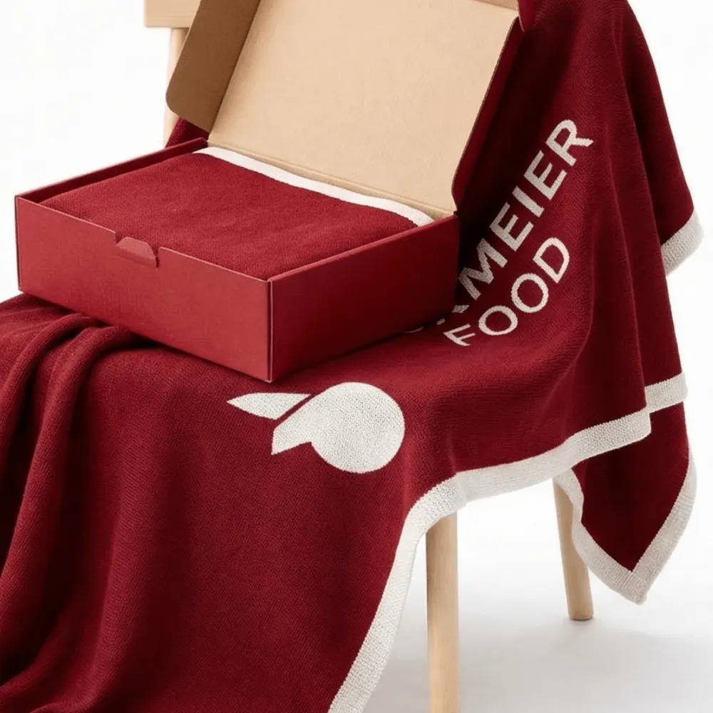 Брендированная продукция на заказ: вязаный плед в фирменной упаковке, фотография проекта 6