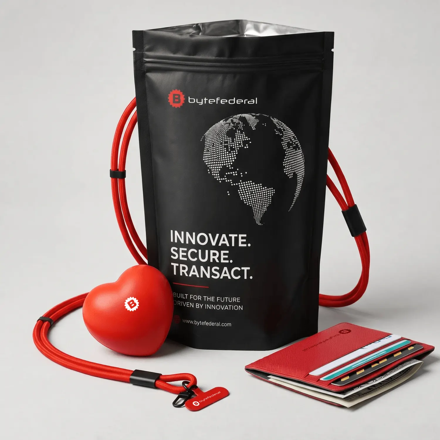 Swag pack для финтех-бренда ByteFederal: Крупный план материала, фактуры и зоны нанесения.
