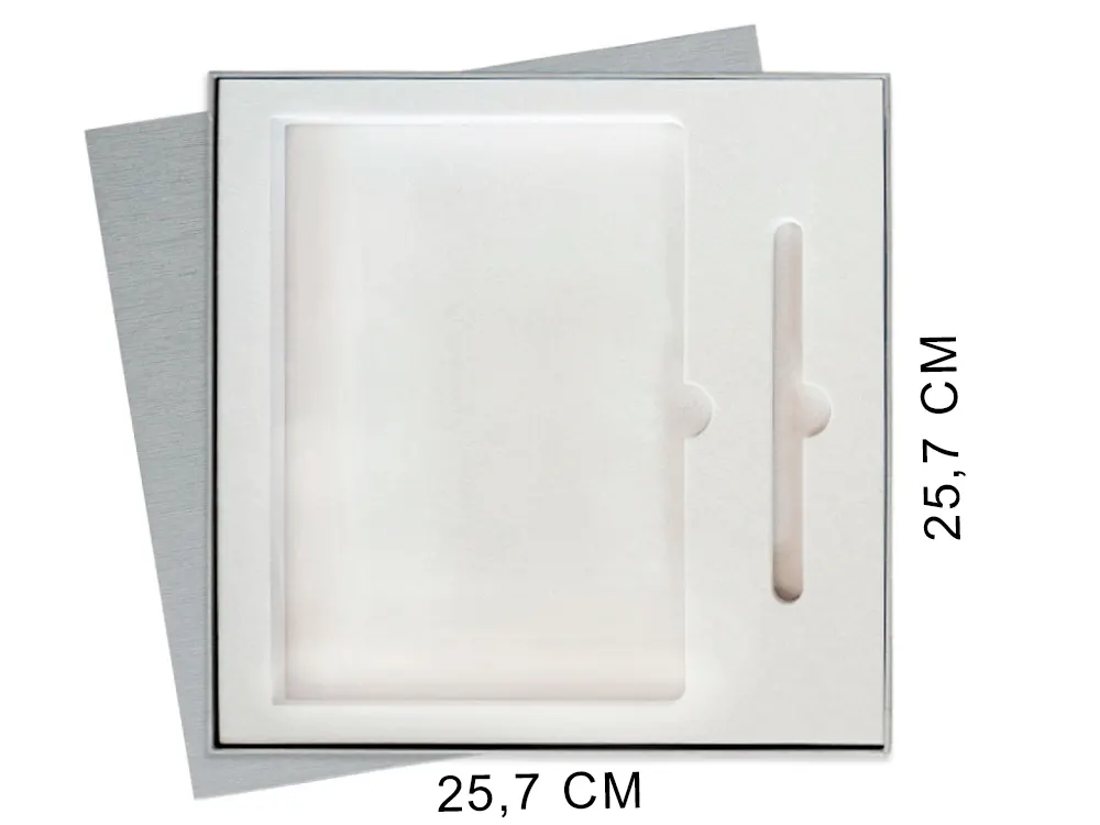 Коробка подарочная Solution Superior Alfa Linen под ежедневник и ручку, серебро, 25,7x25,7x2,8 см, бежевый ложемент (индивидуальная вырубка), серебристый, бумага под лён