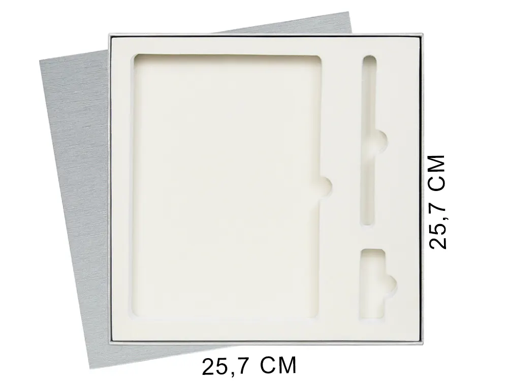 Коробка подарочная Solution Superior Linen под ежедневник, ручку и флешку, черная, 25,7x25,7 см, бежевый ложемент, серебристый 2, бумага под лён