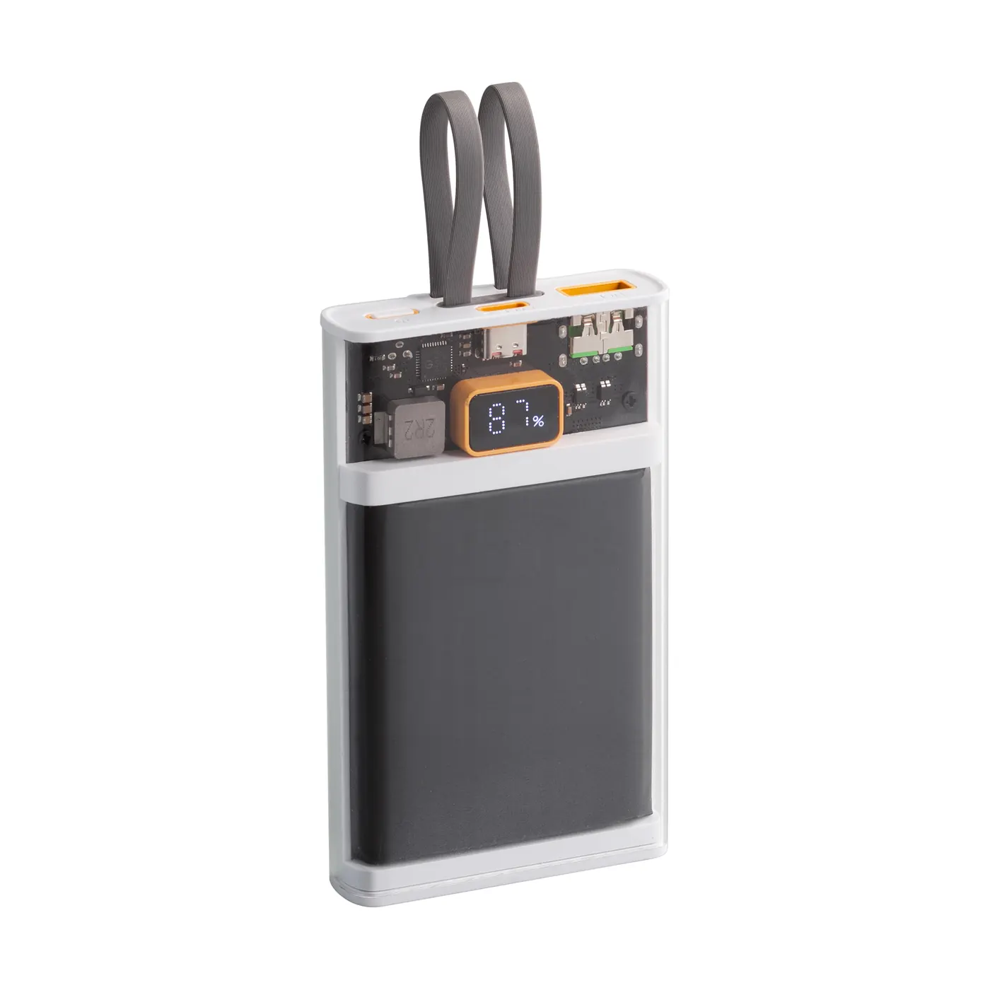 Зарядное (22.5W) устройство "Link" 10000 mAh с прозрачным корпусом, цифровым индикатором заряда и встроенными Type-C/Lightning кабелями, белый/черный