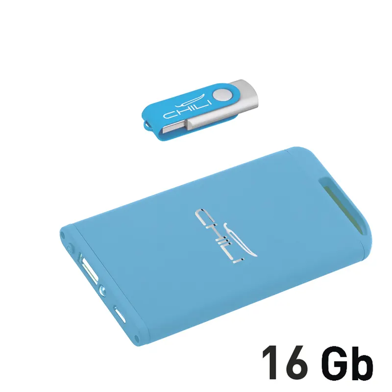 Набор зарядное "Theta" 4000 mAh + флеш-карта "Vostok" 16Гб в футляре, голубой, покрытие soft touch, голубой