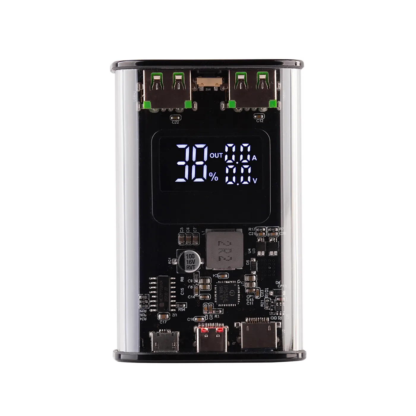 Зарядное (22.5W) устройство "Inside" 9000 mAh с прозрачным корпусом и цифровым индикатором заряда/напряжения/силы тока, черный