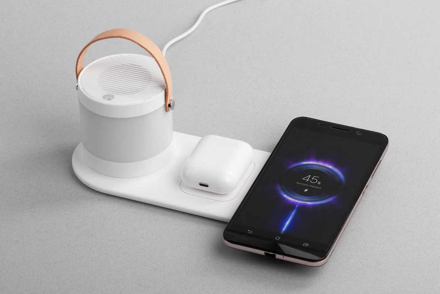 Настольная беспроводная (15W) зарядная станция "Smart Home" с bluetooth колонкой-лампой — наборы с электроникой с логотипом
