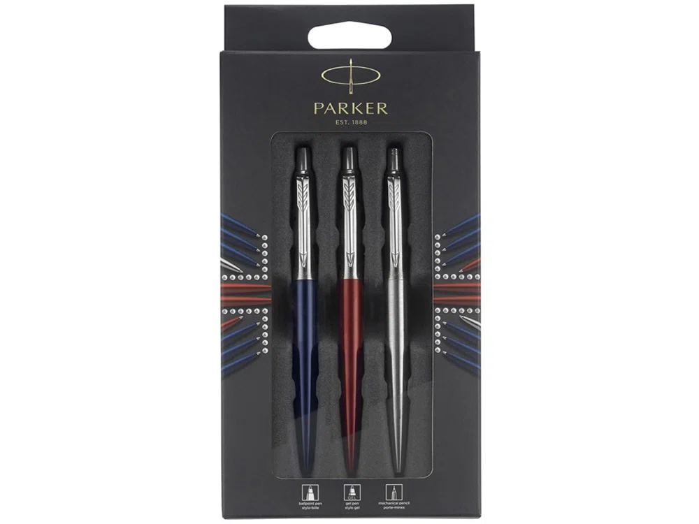 Набор Parker Jotter London Trio: ручка гелевая, ручка шариковая. карандаш, красный, синий, серебристый