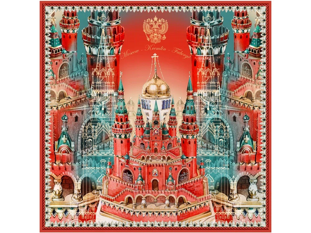 Платок Кремль - Москва - Фаберже, красный