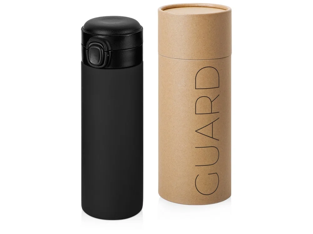 Вакуумная термокружка c кнопкой Guard, soft-touch, 400 мл, тубус, черный