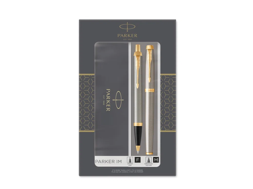 Набор Parker IM Core Brushed Metal GT: ручка шариковая, ручка роллер, серебристый/черный/золотистый