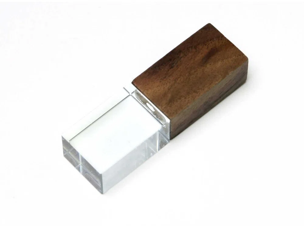 USB 2.0- флешка на 64 Гб прямоугольной формы, коричневый/прозрачный с синей подсветкой