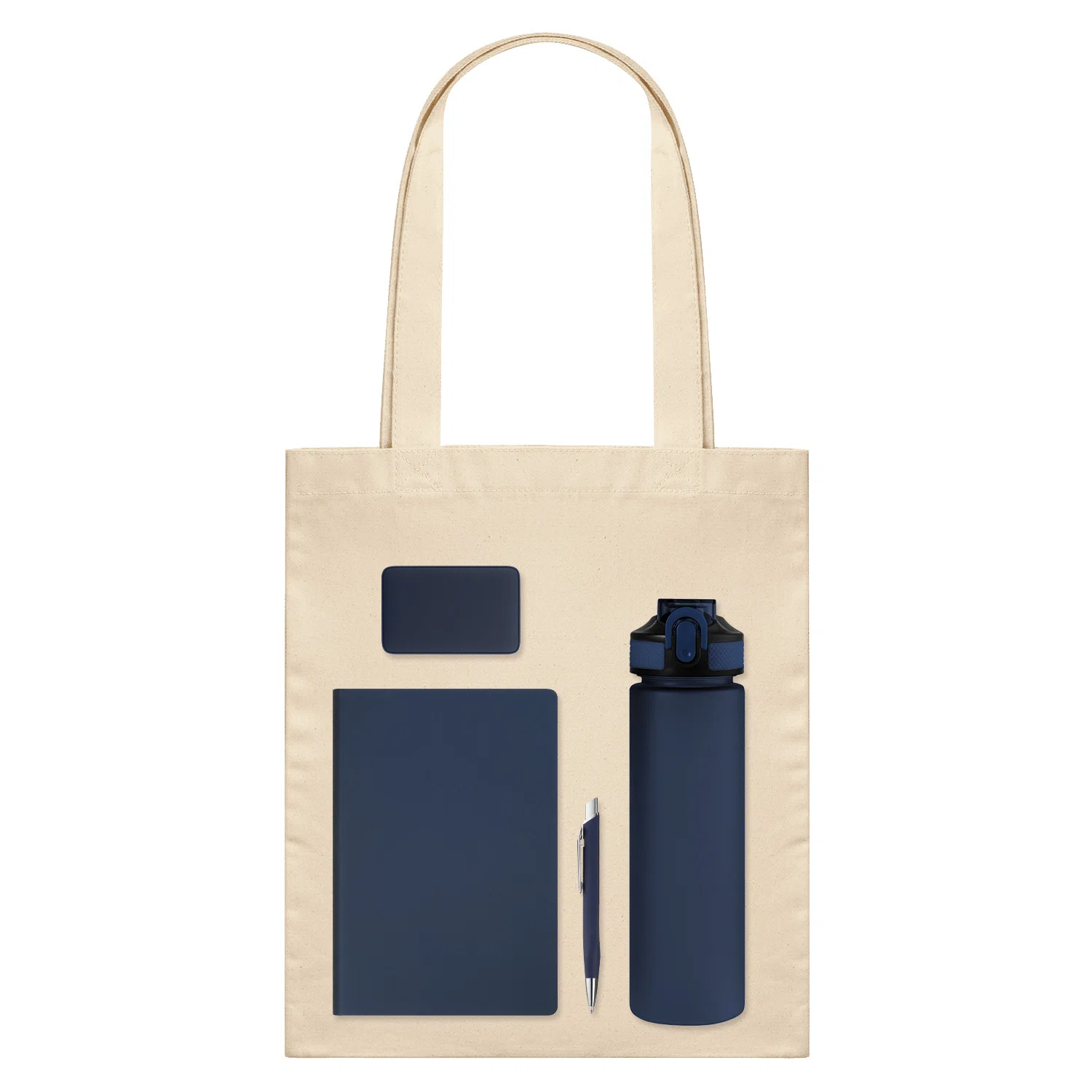 Подарочный набор Велком Пак (Welcome Pack), синий (бутылка, ежедневник, ручка, ЗУ, шоппер), синий/бежевый