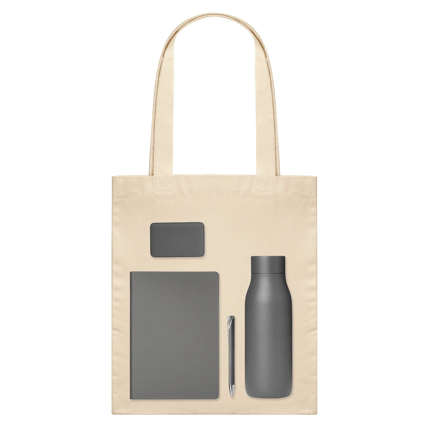 Подарочный набор Велком Пак (Welcome Pack), серый (термобутылка, ежедневник, ручка, ЗУ, шоппер), серый/бежевый