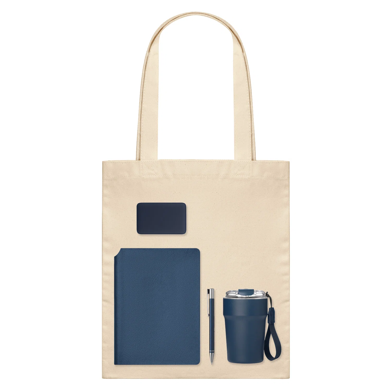 Подарочный набор Велком Пак (Welcome Pack), синий (термокружка, ежедневник, ручка, ЗУ, шоппер), синий/бежевый